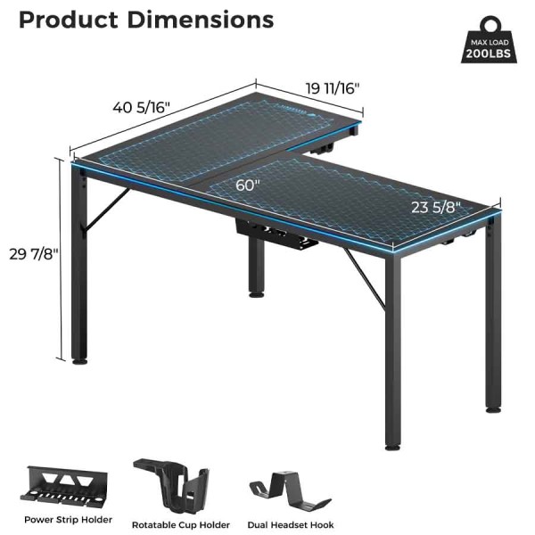 Eureka L60R-B Reversible L-Shaped Glass Gaming Desk - RGB LED Eureka L60R-B Reversible L-Shaped Glass Gaming Desk - RGB LED