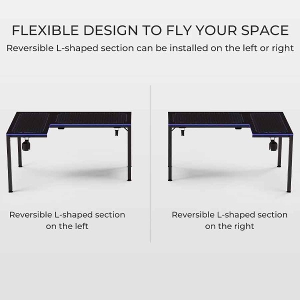 Eureka L60R-B Reversible L-Shaped Glass Gaming Desk - RGB LED Eureka L60R-B Reversible L-Shaped Glass Gaming Desk - RGB LED