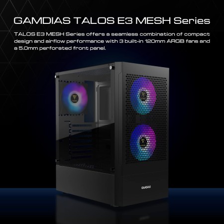 GAMING CASE  GAMDIAS TALOS E3 Mesh TEMP-GLASS  MID TOWER ATX  4x ARGB FANS - BLACK
