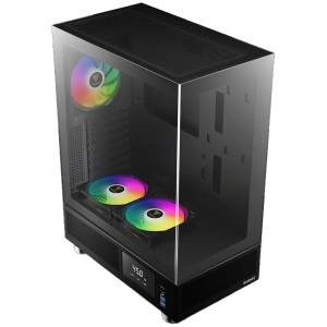 صندوق احترافي GAMDIAS ATLAS E1، من نوع Mid-Tower، كيس ATX متوسط الحجم مزود بثلاث مراوح ARGB، شاشة عرض رقمية، وتصميم محسّن لتدفق الهواء - اسود