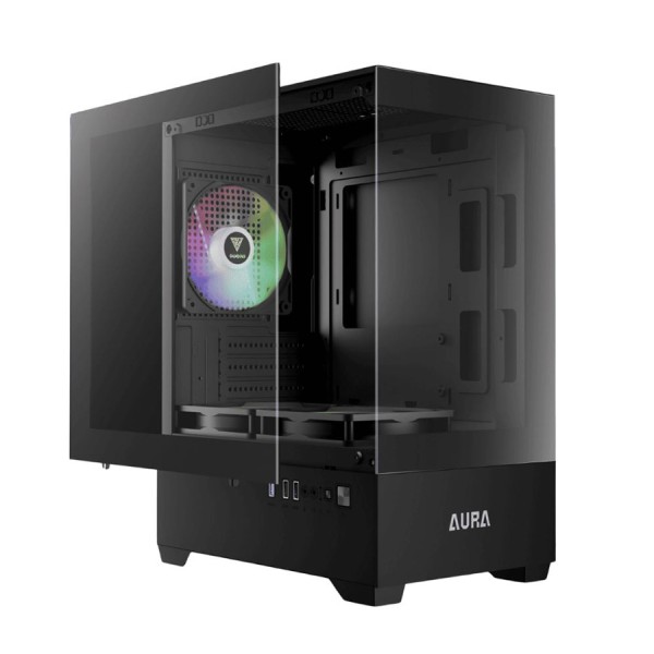 صندوق احترافي GAMDIAS Aura GC9M, يدعم لوحات Mini-ITX وMicro-ATX, يدعم 3 مراوح 120 ملم ARGB - أسود