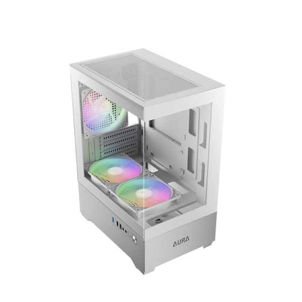 صندوق احترافي GAMDIAS Aura GC9M, يدعم لوحات Mini-ITX وMicro-ATX, يدعم 3 مراوح 120 ملم ARGB - أبيض