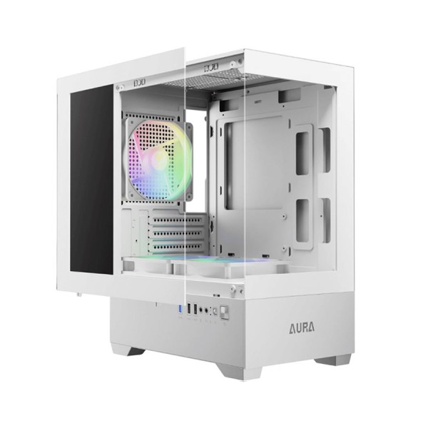 صندوق احترافي GAMDIAS Aura GC9M, يدعم لوحات Mini-ITX وMicro-ATX, يدعم 3 مراوح 120 ملم ARGB - أبيض
