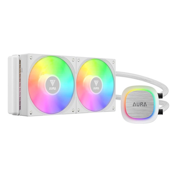 مبرد مائي GAMDIAS AURA GL240 V2, مقاس 240 ملم, مروحتان مقاس 120 ملم, متوافق مع معظم مقابس Intel وAMD, نظام إضاءة ARGB قابل للمزامنة مع مختلف اللوحات - أبيض