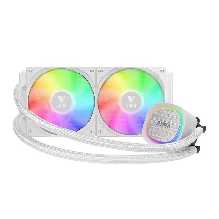 مبرد مائي GAMDIAS AURA GL240 V2, مقاس 240 ملم, مروحتان مقاس 120 ملم, متوافق مع معظم مقابس Intel وAMD, نظام إضاءة ARGB قابل للمزامنة مع مختلف اللوحات - أبيض