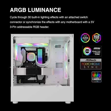 مبرد مائي GAMDIAS AURA GL240 V2, مقاس 240 ملم, مروحتان مقاس 120 ملم, متوافق مع معظم مقابس Intel وAMD, نظام إضاءة ARGB قابل للمزامنة مع مختلف اللوحات - أبيض