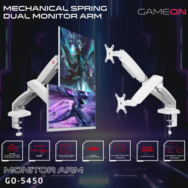 ذراع شاشة ميكانيكي GAMEON GO-5450 – ذراع مزدوج 17– 32 بوصة – أبيض ذراع شاشة ميكانيكي GAMEON GO-5450 – ذراع مزدوج 17– 32 بوصة – أبيض