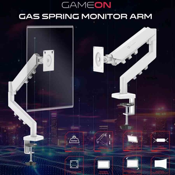 حامل شاشة GAMEON تدعم الشاشات من 17" إلى 32"، وزن 2 – 9 كجم، مزودة بنظام زنبرك غازي مدمج، خيارات تثبيت مزدوجة، لوحة VESA قابلة للدوران 360° - ابيض