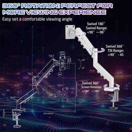 MONITOR ARMS GAMEON Supports from 17" to 32" , Weight 2 – 9 kg , Built-in Gas Spring , Two mounting options , 360° rotary VESA plate -White