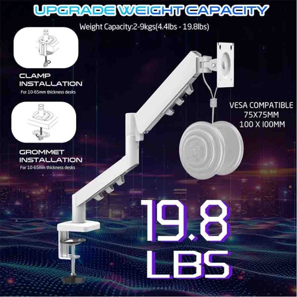 حامل شاشة GAMEON تدعم الشاشات من 17" إلى 32"، وزن 2 – 9 كجم، مزودة بنظام زنبرك غازي مدمج، خيارات تثبيت مزدوجة، لوحة VESA قابلة للدوران 360° - ابيض