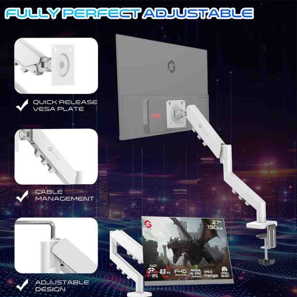 حامل شاشة GAMEON تدعم الشاشات من 17" إلى 32"، وزن 2 – 9 كجم، مزودة بنظام زنبرك غازي مدمج، خيارات تثبيت مزدوجة، لوحة VESA قابلة للدوران 360° - ابيض