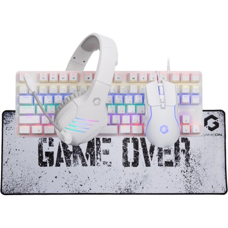 مجموعة الألعاب المتكاملة GAMEON – حزمة 4 في 1 تشمل لوحة مفاتيح ميكانيكية  فأرة  سماعة رأس  ولوحة ماوس – باللون الأبيض
