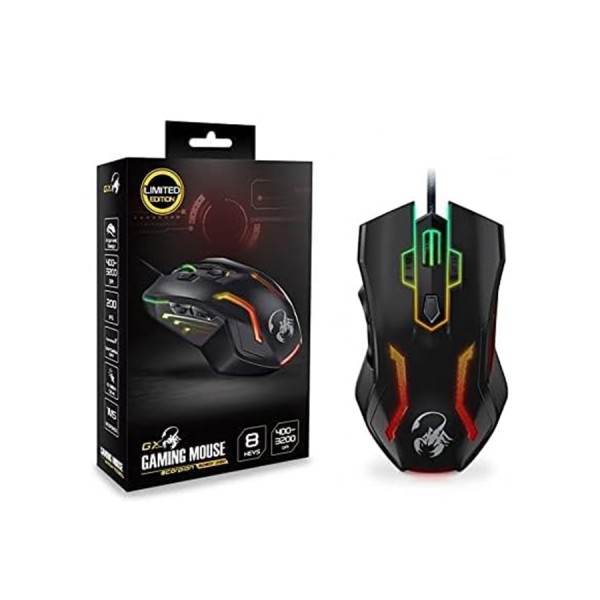 Genius Scorpion Spear Pro, wired gaming mouse, up to 3200 DPI, 8 buttons, RGB lighting, 1.8m durable USB cable - BLACK