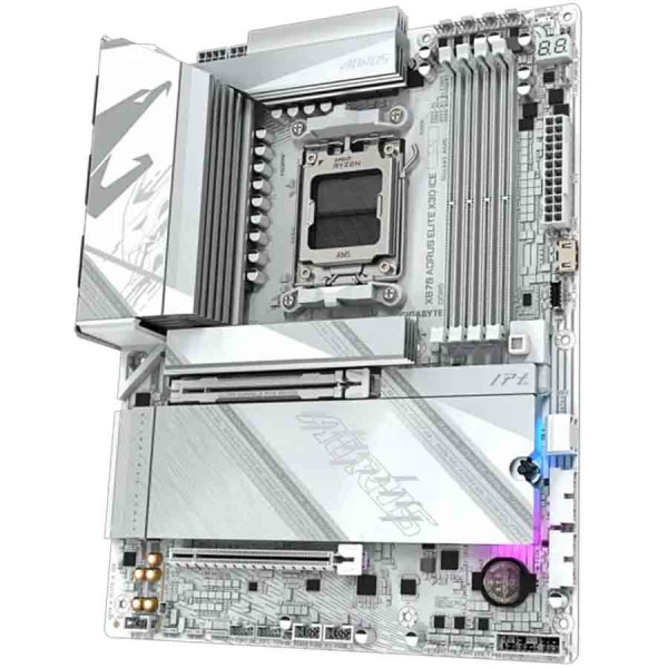 لوحة ام احترافية GIGABYTE X870 AORUS ELITE X3D ICE، تدعم ذاكرة DDR5، وتحتوي على منفذ PCIe 5.0 x16، وتقنية WiFi 7، ومنفذ USB4 Type-C، وتعمل بمقبس AM5