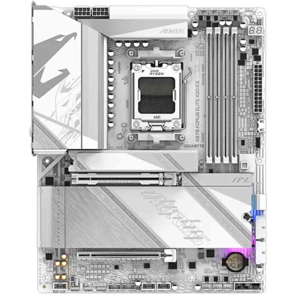 لوحة ام احترافية GIGABYTE X870 AORUS ELITE X3D ICE، تدعم ذاكرة DDR5، وتحتوي على منفذ PCIe 5.0 x16، وتقنية WiFi 7، ومنفذ USB4 Type-C، وتعمل بمقبس AM5