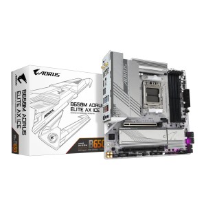 لوحة ام احترافية جيجابايت B650M AORUS ELITE AX ICE، سوكيت AM5، بحجم Micro-ATX، تدعم PCIe 5.0 و M.2 NVMe للتخزين – ابيض