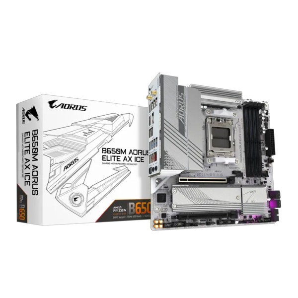 MOTHERBAORD Gigabyte B650M AORUS ELITE AX ICE ,AM5 SOCKET ,FACTOR Micro-ATX ,PCIe 5.0 NVMe M.2 storage - White
