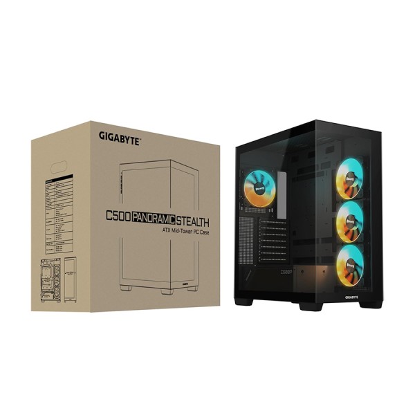 صندوق احترافي GIGABYTE Panoramic STEALTH , مقاس ATX, متوافق مع لوحات الأم ATX وMicro-ATX وMini-ITX, دعم منفذ 1× USB Type‑C امامي - أسود