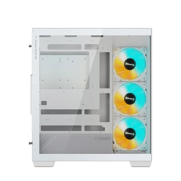 صندوق احترافي GIGABYTE Panoramic STEALTH ICE, مقاس ATX, متوافق مع لوحات الأم ATX وMicro-ATX وMini-ITX, دعم منفذ 1× USB Type‑C امامي - أبيض