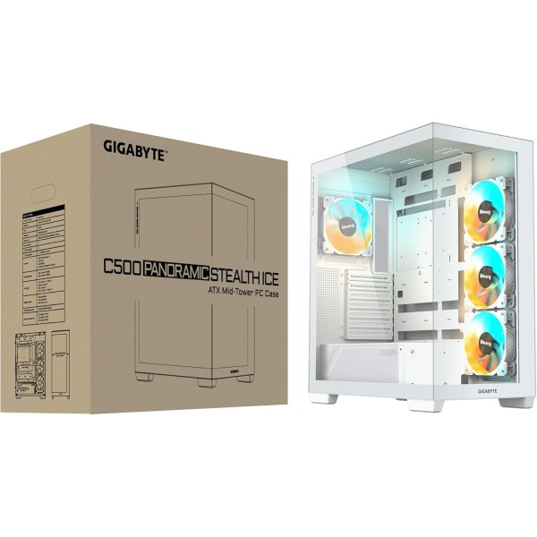 صندوق احترافي GIGABYTE Panoramic STEALTH ICE, مقاس ATX, متوافق مع لوحات الأم ATX وMicro-ATX وMini-ITX, دعم منفذ 1× USB Type‑C امامي - أبيض