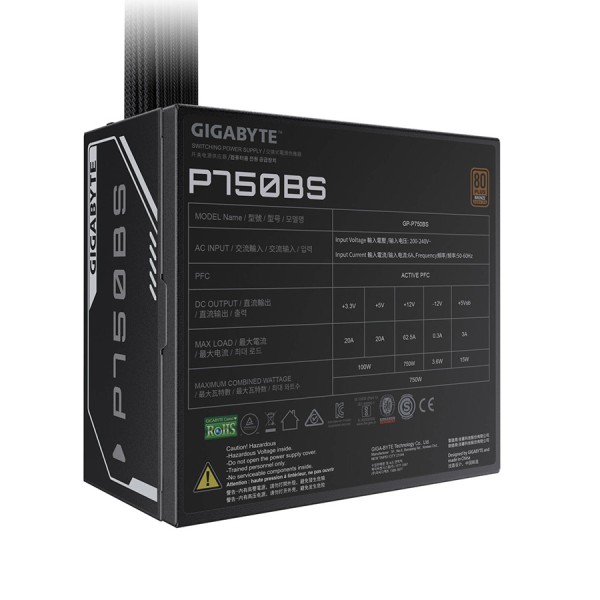 مزود طاقة GIGABYTE GP‑P750BS, قدرة 750 واط,  شهادة كفاءة 80+ Bronze,  تصميم ATX قياسي, الكابلات مدمجة غير قابلة للفصل non-Modualr - أسود