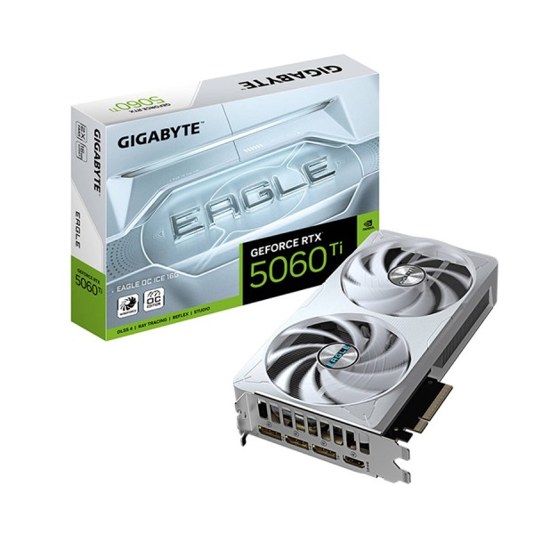 كرت شاشة GIGABYTE EAGLE RTX 5060 Ti, ذاكرة 16 جيجابايت GDDR7, نظام تبريد WINDFORCE ثنائي المراوح, اصدار مكسور السرعة OC - تصميم أبيض