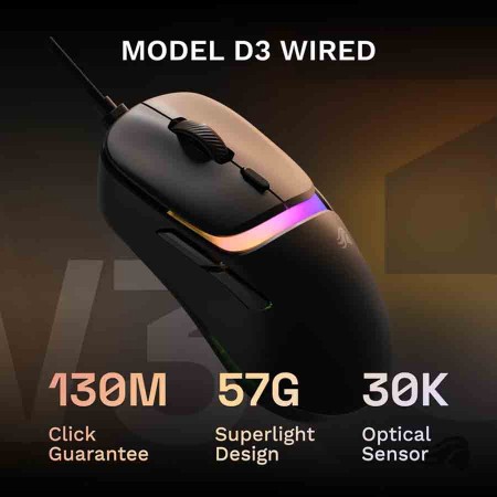 ماوس قيمنق جلوريوس MODEL D3 RGB لاسلكي - دقة 30,000 DPI - تردد 8000Hz - وزن 69g - أسود ماوس قيمنق جلوريوس MODEL D3 RGB لاسلكي - دقة 30,000 DPI - تردد 8000Hz - وزن 69g - أسود