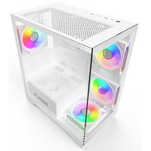 صندوق كمبيوتر للألعاب HOOK BOLT – ميد تور بزجاج مقوى و4 مراوح RGB – أبيض صندوق كمبيوتر للألعاب HOOK BOLT – ميد تور بزجاج مقوى و4 مراوح RGB – أبيض