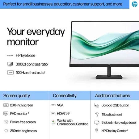 شاشة HP مكتبية عملية مقاس 24" - دقة FHD - لوحة VA - تباين عالٍ 3000:1 - تردد 100Hz - موفرة للطاقة شاشة HP مكتبية عملية مقاس 24" - دقة FHD - لوحة VA - تباين عالٍ 3000:1 - تردد 100Hz - موفرة للطاقة