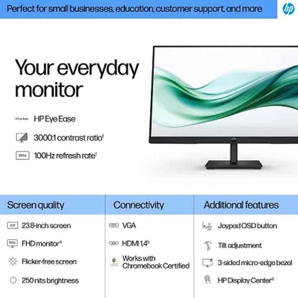 شاشة HP Series 3 Pro 324pv، مقاس 23.8 بوصة بدقة Full HD ‏1920×1080، معدل   / تحديث 100 هرتز، زمن استجابة 5 مللي ثانية، إمكانية تعديل الميلان، تصميم نحيف - اسود - 9U5C1AS#A2N