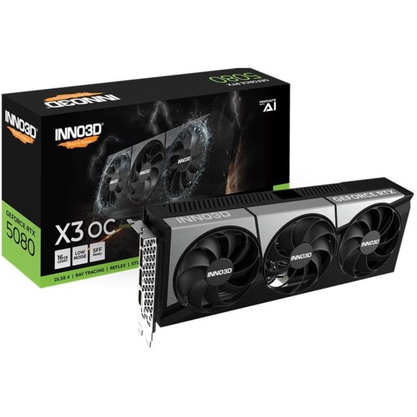 بطاقة رسومية من INNO3D RTX 5080 X3 OC, ب 16GB GDDR7, نظام تبريد بثلاثة مراوح , PCI Express 5.0, دعم تقنيات DLSS 4 والذكاء الاصطناعي - أسود