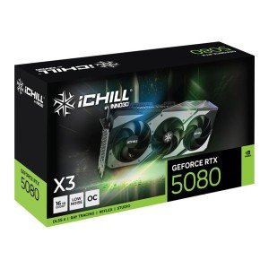 كرت شاشة INNO3D GeForce RTX 5080 iCHILL X3 V2, ذاكرة 16 جيجابايت GDDR7, مع 3 مراوح, اصدار مكسور السرعة - أسود 