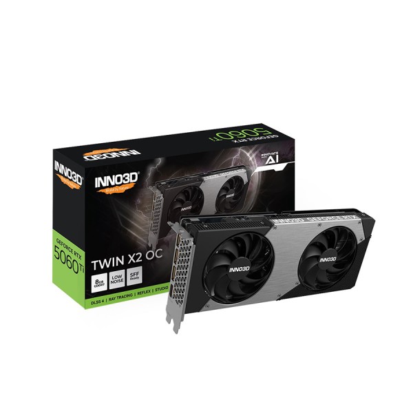 كرت شاشة احترافي INNO3D RTX 5060 TI TWIN X2, ذاكرة 8GB GDDR7, تبريد مزدوج ثنائي المراوح, واجهة PCIe 5.0,  يدعم تقنيات Ray Tracing و DLSS 4 - أسود
