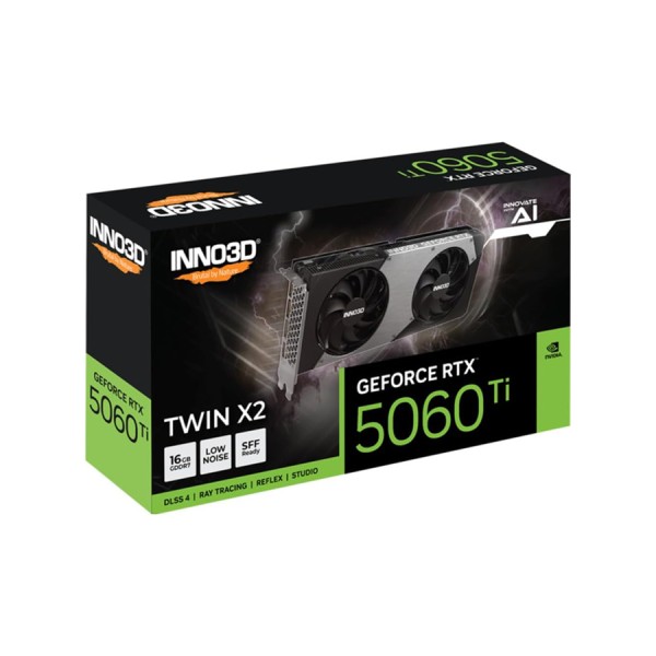 كرت شاشة INNO3D RTX 5060 Ti Twin X2, ذاكرة 16 جيجابايت GDDR7, يدعم PCI Express 5.0, مروحتين بتصميم مزدوج, دعم تقنيات NVIDIA الحديثة  -  أسود
