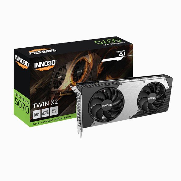 كرت شاشة احترافي INNO3D GeForce RTX 5070 TWIN X2, ذاكرة 12GB GDDR7, تبريد Twin X2, يدعم تقنيات  Ray Tracing وDLSS 4 وNVIDIA Reflex - أسود