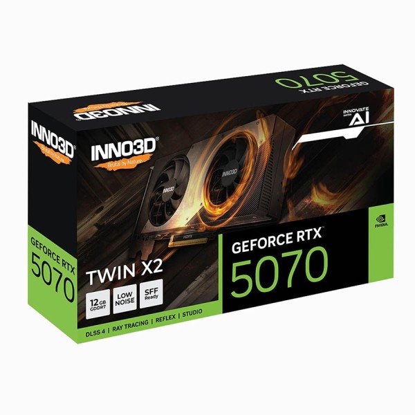 كرت شاشة احترافي INNO3D GeForce RTX 5070 TWIN X2, ذاكرة 12GB GDDR7, تبريد Twin X2, يدعم تقنيات  Ray Tracing وDLSS 4 وNVIDIA Reflex - أسود