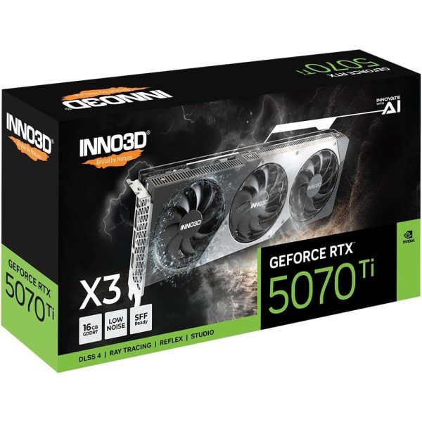 بطاقة رسومية INNO3D RTX 5070 Ti X3, ذاكرة 16GB GDDR7, مكسور السرعة OC, دعم تقنيات Ray Tracing وDLSS 4 - أسود