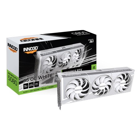 GRAPHIC CARD  INNO3D GeForce RTX 5080 X3, 16GB GDDR7, Triple fans, OC Edition, PCIe 5.0, DLSS4 & Ray Tracing - White