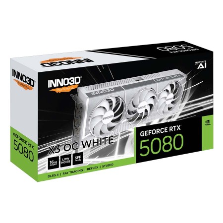 GRAPHIC CARD  INNO3D GeForce RTX 5080 X3, 16GB GDDR7, Triple fans, OC Edition, PCIe 5.0, DLSS4 & Ray Tracing - White