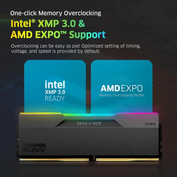 MEMORY DESKTOP KLEVV CRAS V ARGB, 32GB (2X16GB) DDR5 6400MHz, Low latency CL30, Intel XMP 3.0 & AMD EXPO - BLACK