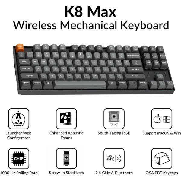 Keychron K8 Max mechanical keyboard, TKL (80%) layout, Red Linear switches, 1000Hz polling, RGB backlight - BLACK Keychron K8 Max mechanical keyboard, TKL (80%) layout, Red Linear switches, 1000Hz polling, RGB backlight - BLACK