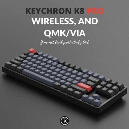 لوحة مفاتيح لاسلكية Keychron K8 Pro,  تصميم TKL بنسبة 80%, مفاتيح Gateron G Pro Red, سرعة استجابة إلى 1000Hz, إضاءة RGB - أسود