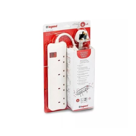 Power Extension LEGRAND 4 power sockets ,5-meter cable length ,Child safety shutters ,lluminated ON/OFF switch - White