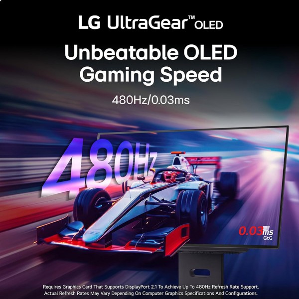 شاشة العاب احترافية LG UltraGear 27GX790A-B, مقاس27 بوصة بدقة QHD (2560×1440), لوحة OLED, معدل تحديث 480Hz (OC), زمن استجابة 0.03Ms (GTG), دعم G-SYNC و FreeSync - أسود