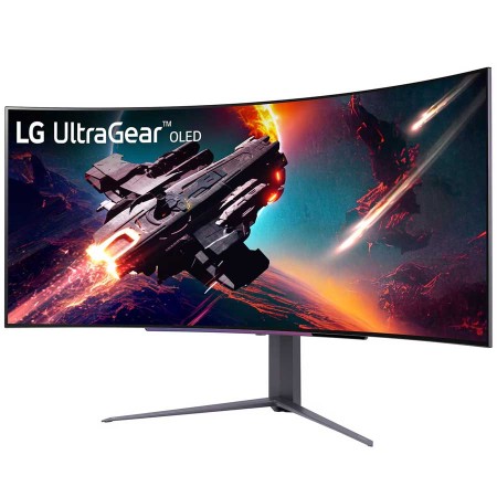 شاشة العاب احترافية LG UltraGear 45GS96QB-B، بشاشة OLED منحنية 800R، دقة WQHD 3440×1440، معدل تحديث 240Hz، زمن استجابة 0.03ms، USB Type-C، وسماعات مدمجة