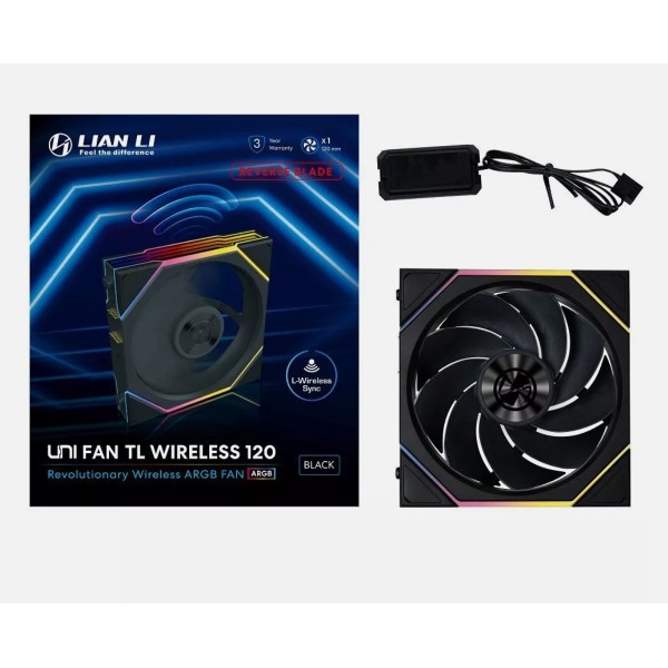 مروحة ليان لي UNI FAN TL Wireless Reverse Blade, مروحة واحدة بحجم 120 مم بشفرات عكسية, اتصال لاسلكي عبر منظومة L-Wireless, منطقتا إضاءة ARGB - أسود
