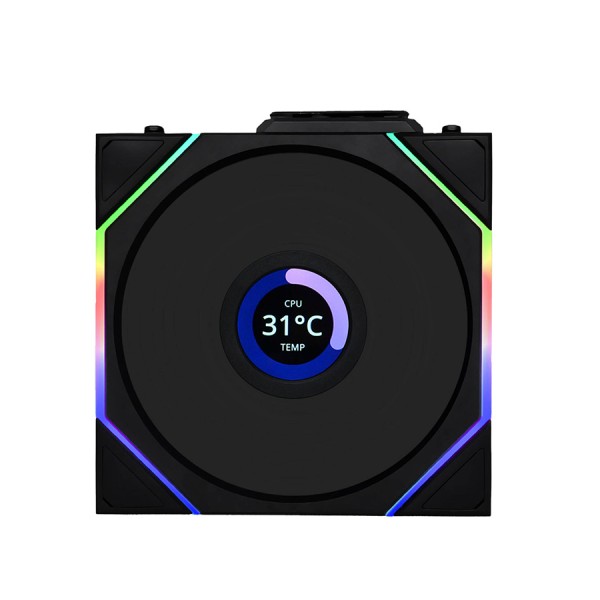 مروحة ليان لي LIAN LI UNI FAN TL WIRELESS LCD 120 REVERSE BLADE, تصميم بشفرات عكسية, شاشة LCD مدمجة, حجم 120 مم, اتصال لاسلكي 2.4Ghz للتحكم بالإضاءة - أسود