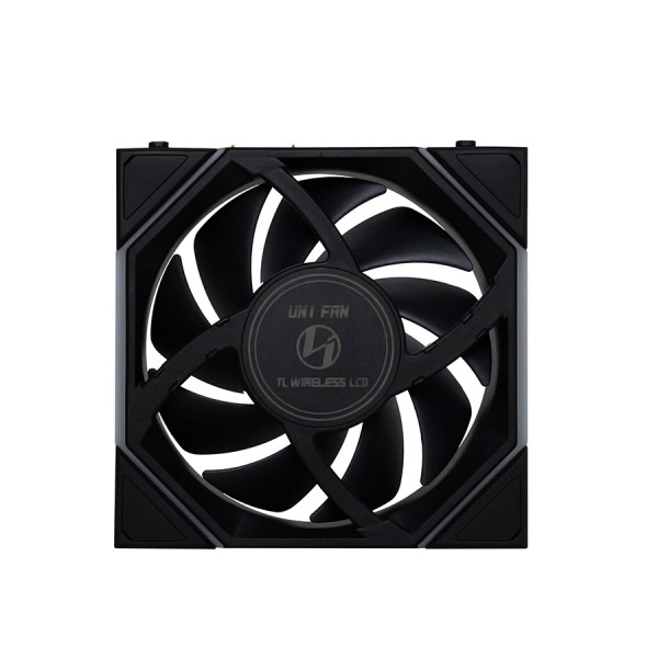 مروحة ليان لي LIAN LI UNI FAN TL WIRELESS LCD 120 REVERSE BLADE, تصميم بشفرات عكسية, شاشة LCD مدمجة, حجم 120 مم, اتصال لاسلكي 2.4Ghz للتحكم بالإضاءة - أسود