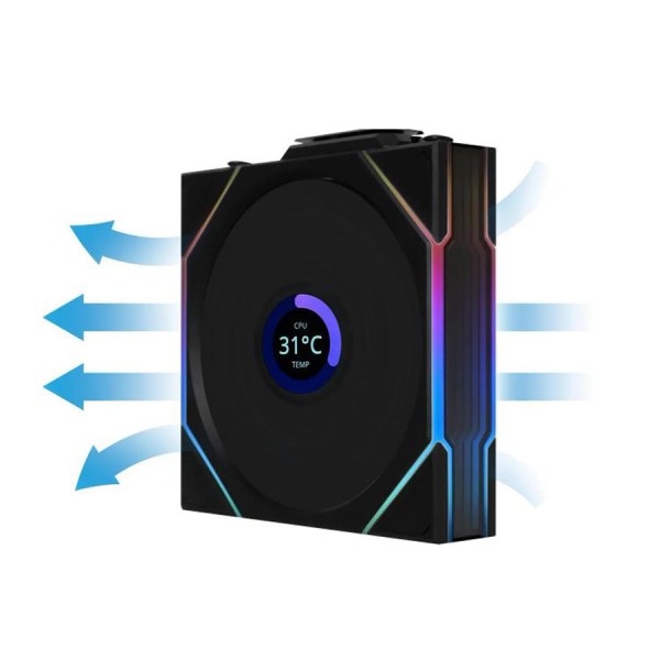 مروحة ليان لي LIAN LI UNI FAN TL WIRELESS LCD 120 REVERSE BLADE, تصميم بشفرات عكسية, شاشة LCD مدمجة, حجم 120 مم, اتصال لاسلكي 2.4Ghz للتحكم بالإضاءة - أسود