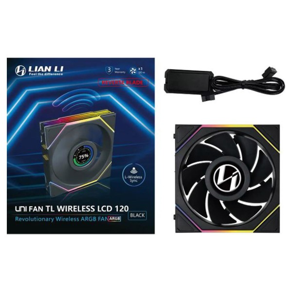 مروحة ليان لي LIAN LI UNI FAN TL WIRELESS LCD 120 REVERSE BLADE, تصميم بشفرات عكسية, شاشة LCD مدمجة, حجم 120 مم, اتصال لاسلكي 2.4Ghz للتحكم بالإضاءة - أسود